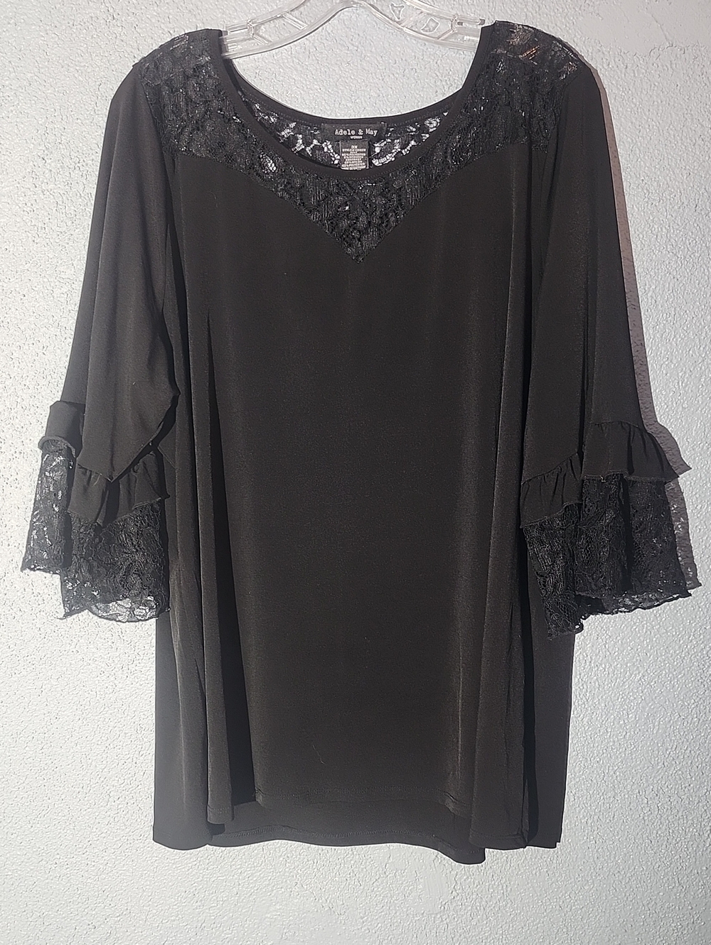 Lace Yoke Ruffle Sleeve Blouse - Black